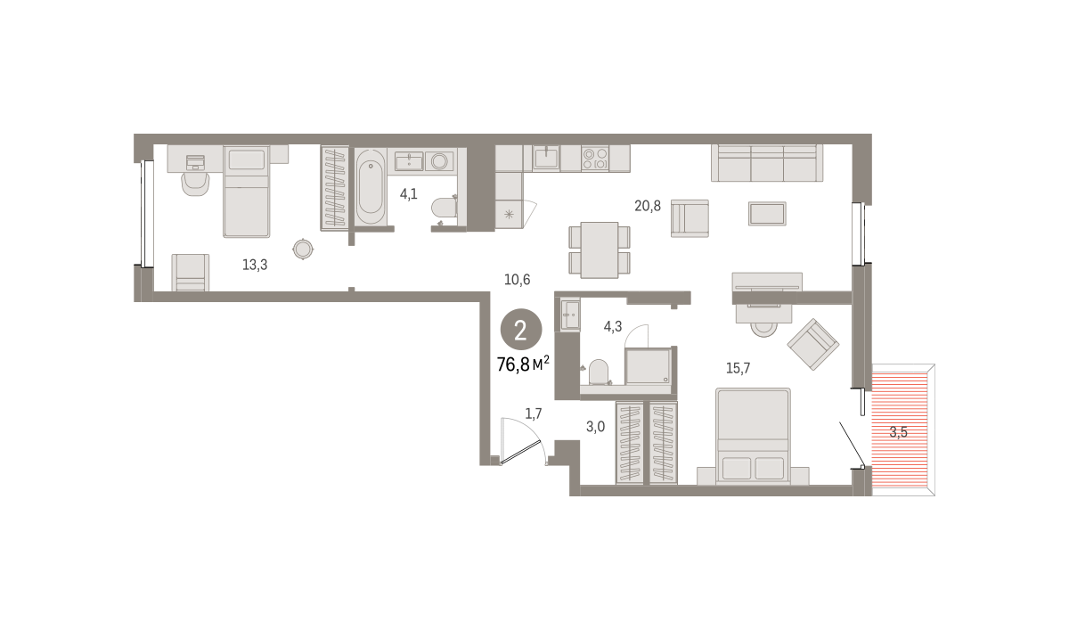 2-комнатная 76 м2 в ЖК Северный ветер корпус null этаж 3