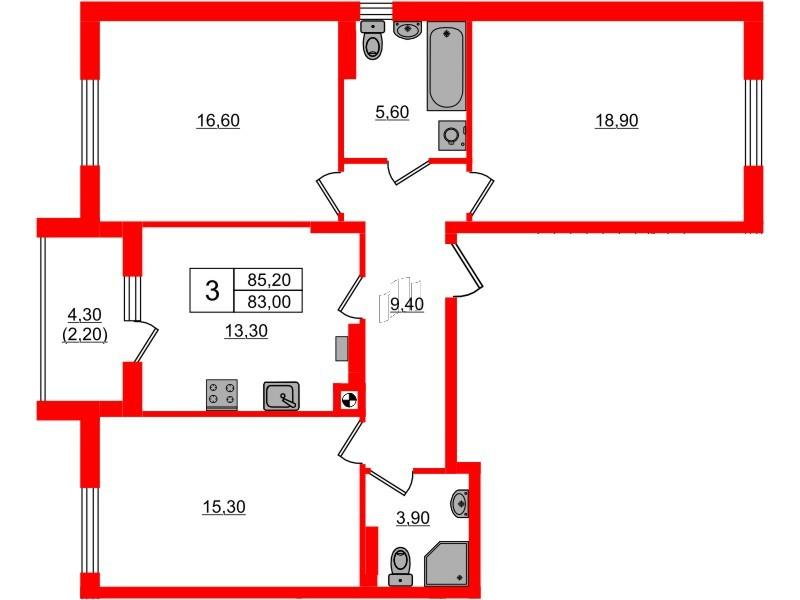 3-комнатная 85 м2 в ЖК Речной парк-2 корпус null этаж 4