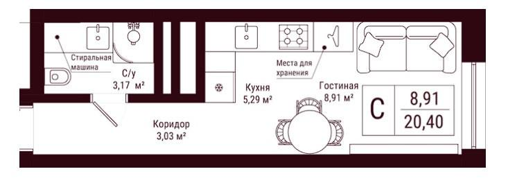 Студия 20.4 м2 в ЖК undefined корпус null этаж 3