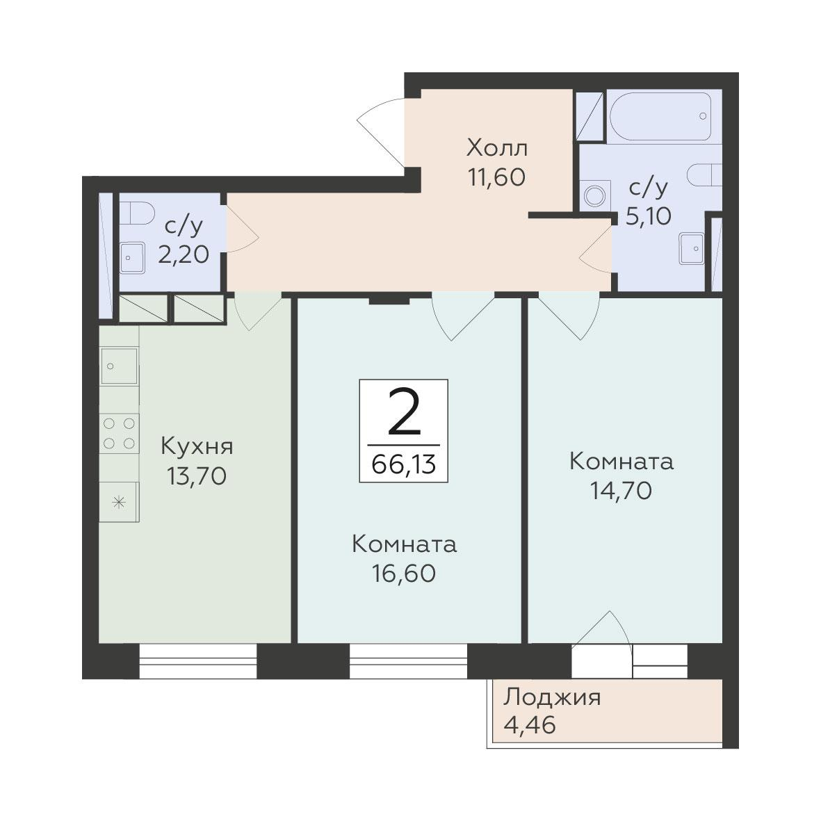 2-комнатная 66 м2 в ЖК Малаховский корпус null этаж 9