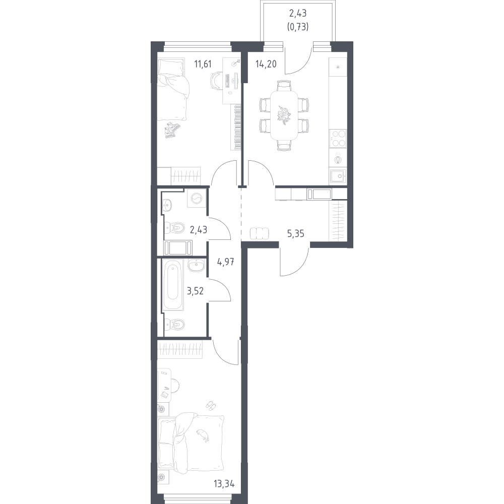 2-комнатная 55 м2 в ЖК Новое Колпино корпус null этаж 3
