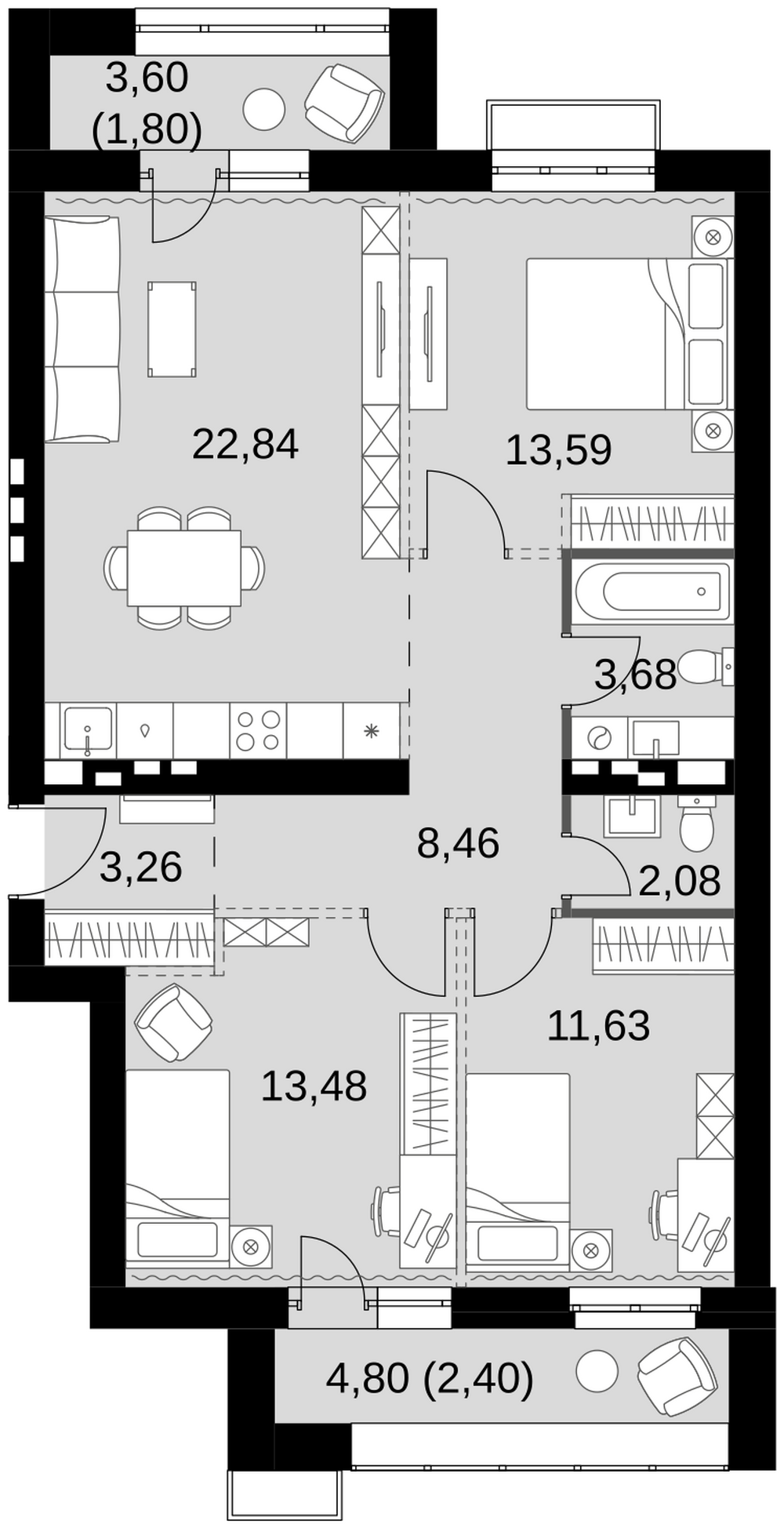 4-комнатная 83 м2 в ЖК Жаворонки Клаб корпус null этаж 4
