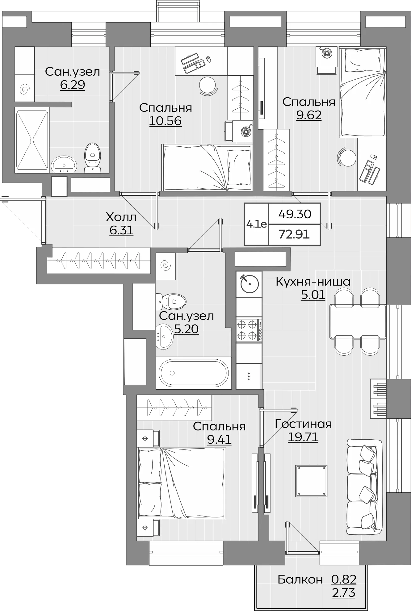 4-комнатная 72 м2 в ЖК Батталовский корпус null этаж 2