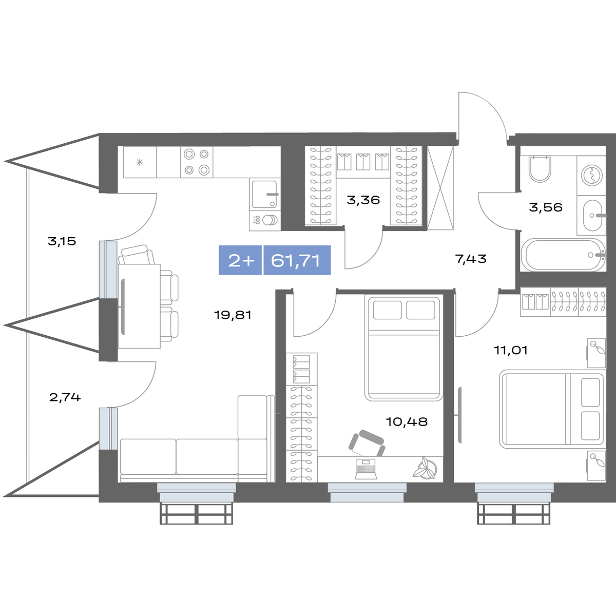 2-комнатная 61 м2 в ЖК Толк Медный корпус null этаж 10