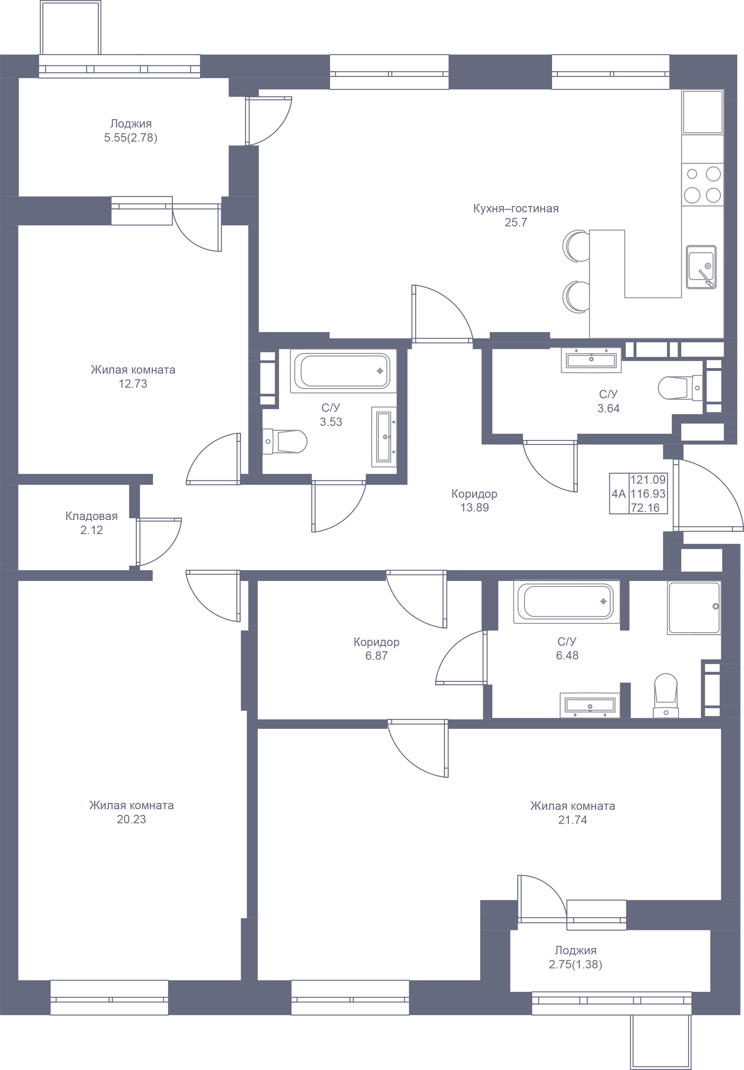 4-комнатная 121 м2 в ЖК Мой Ритм корпус null этаж 7