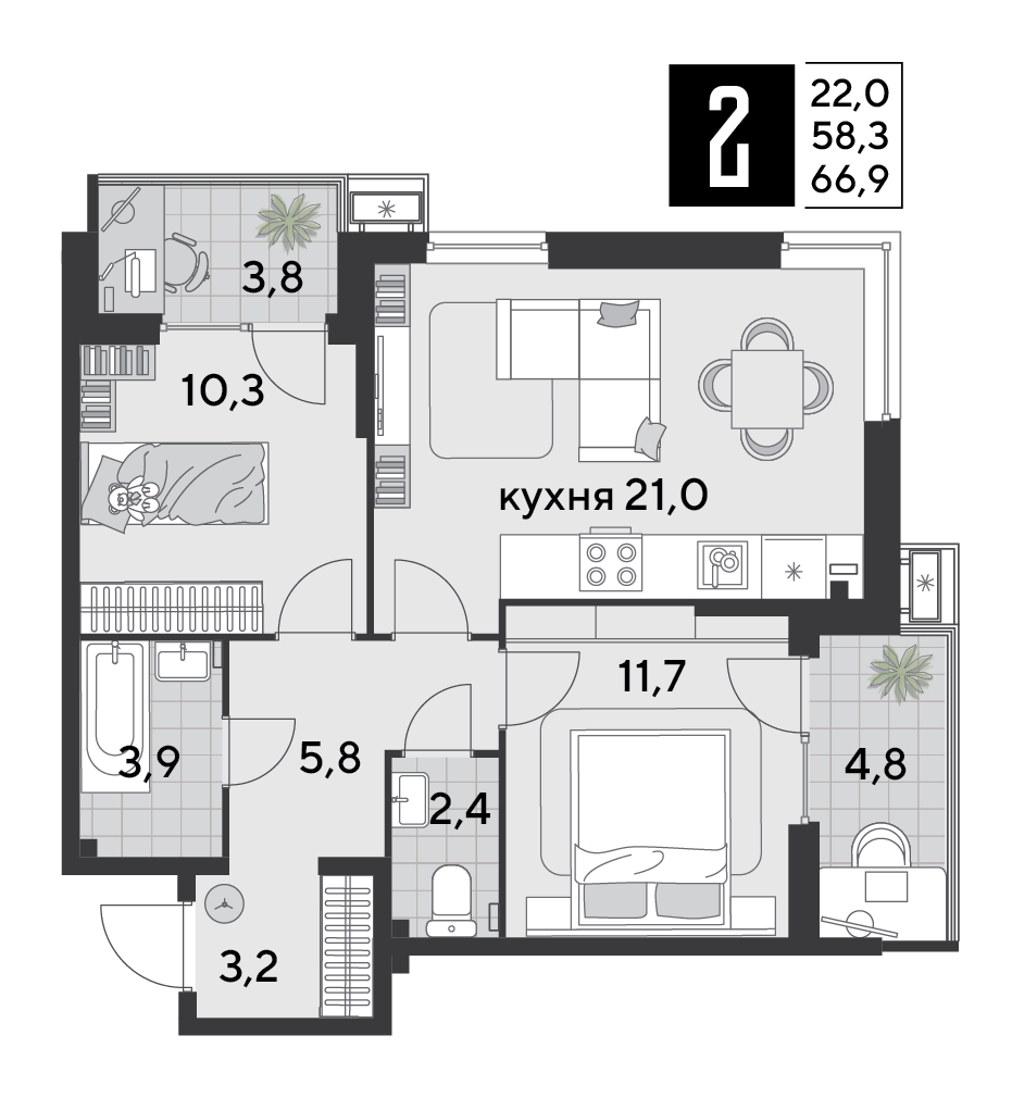 2-комнатная 65 м2 в ЖК Парк Победы 2 корпус null этаж 2