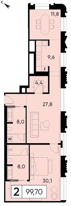 1-комнатная 99 м2 в ЖК Vesper Тверская корпус null этаж 8