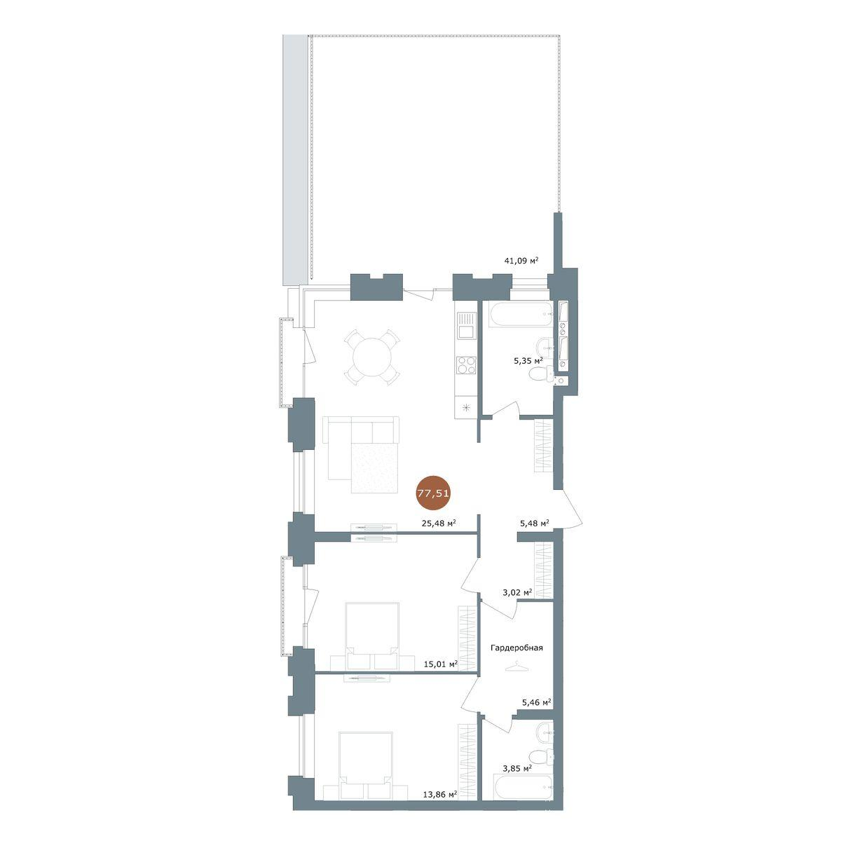2-комнатная 77 м2 в ЖК 19/56 Кварталы Телецентра корпус null этаж 12