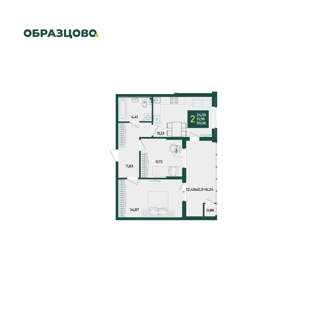 2-комнатная 59 м2 в ЖК Образцово корпус null этаж 2