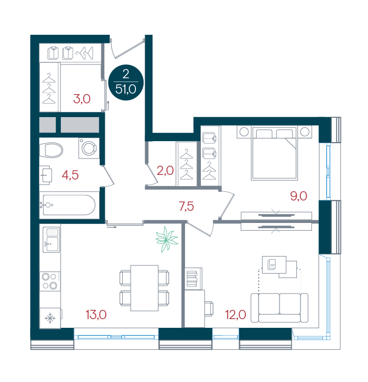 2-комнатная 51 м2 в ЖК Русич Кантемировский корпус null этаж 10