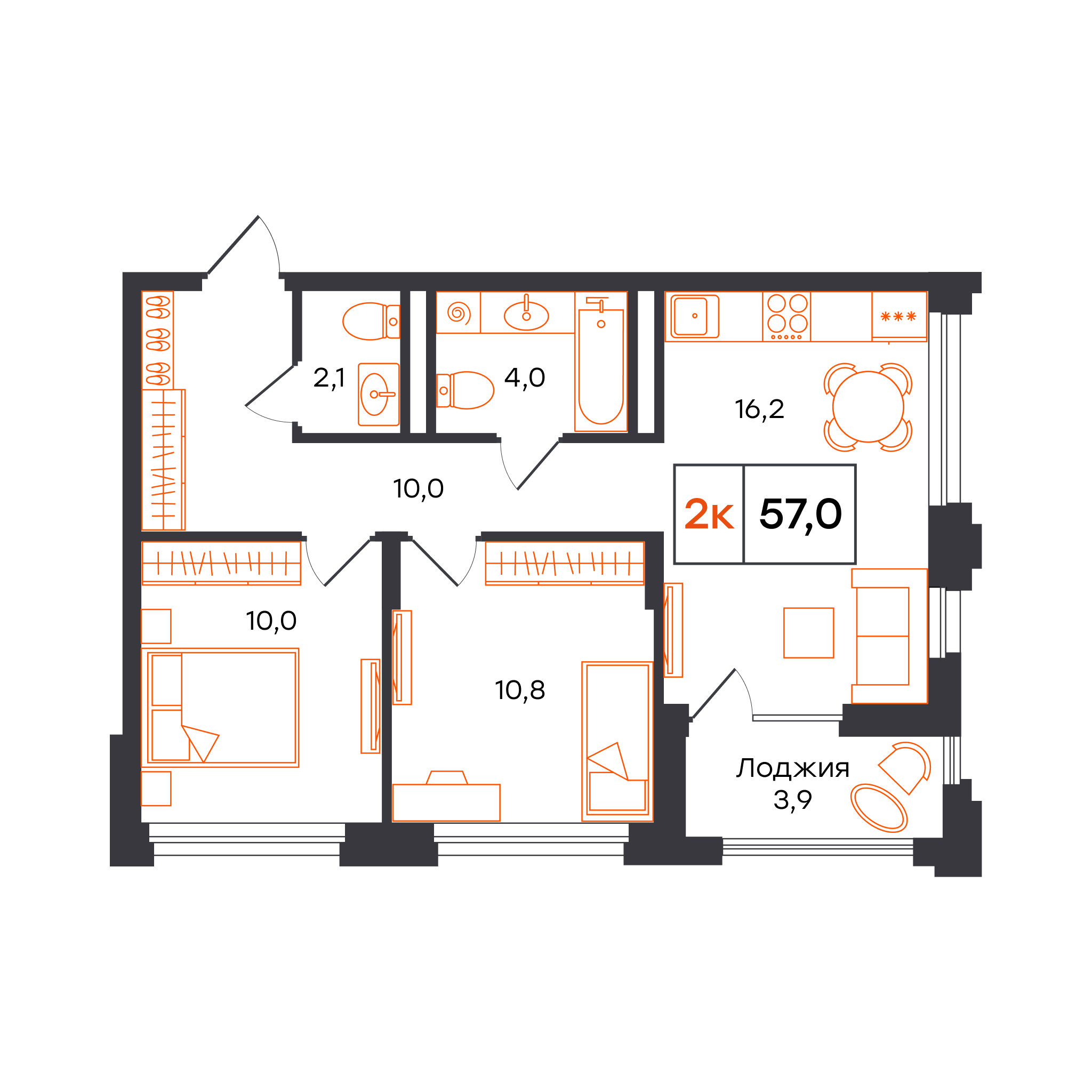 2-комнатная 57 м2 в ЖК Александровский корпус null этаж 3