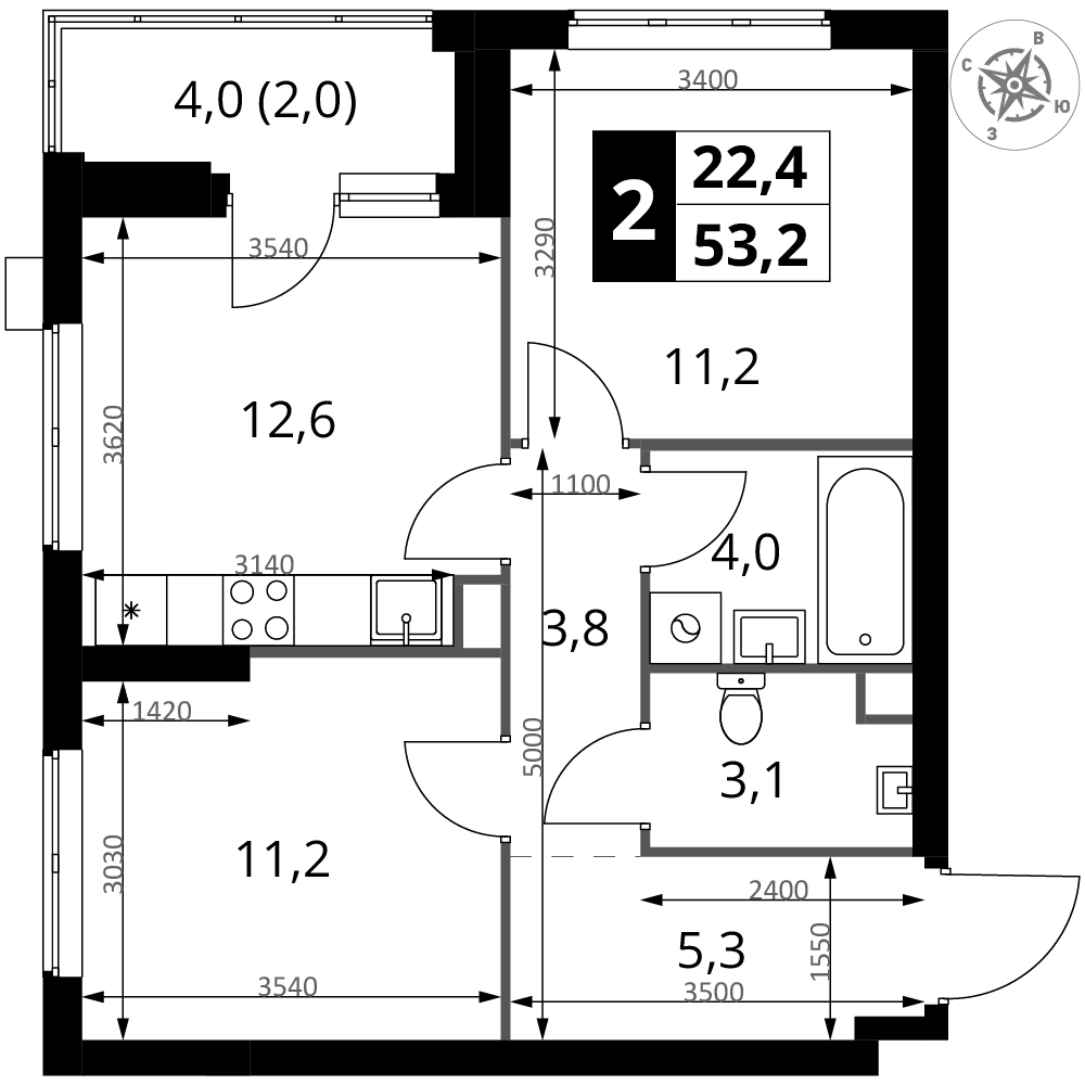 2-комнатная 53 м2 в ЖК 1-й Измайловский корпус null этаж 2