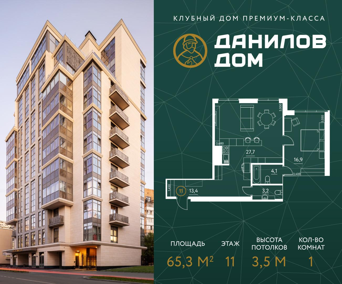 1-комнатная 65 м2 в ЖК Данилов Дом корпус null этаж 11