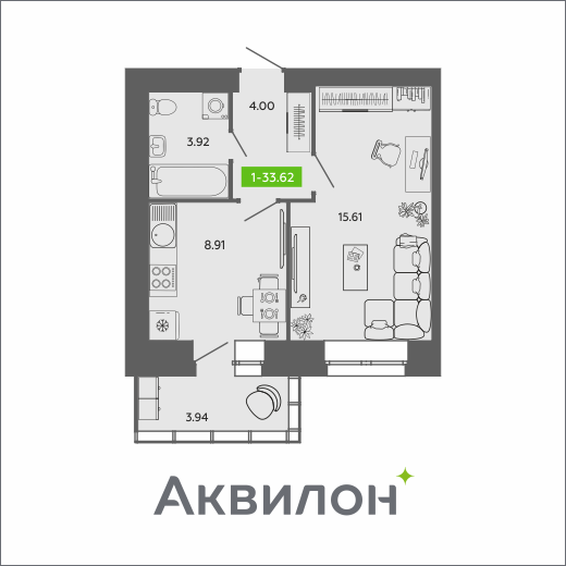 1-комнатная 33 м2 в ЖК RIVER PARK-2 корпус null этаж 9