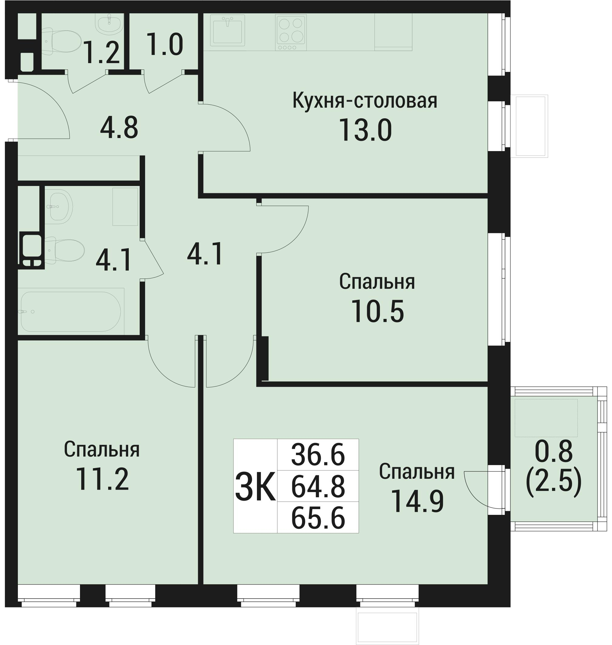 3-комнатная 65 м2 в ЖК Дом в Малаховке корпус null этаж 5
