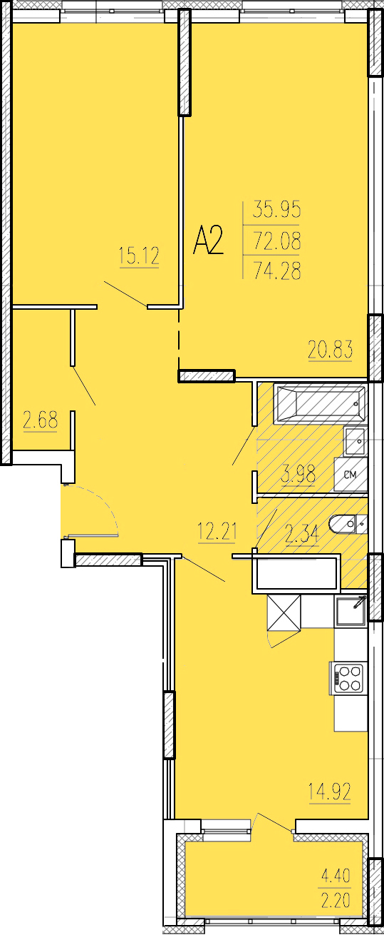 2-комнатная 74 м2 в ЖК Акварель корпус null этаж 14