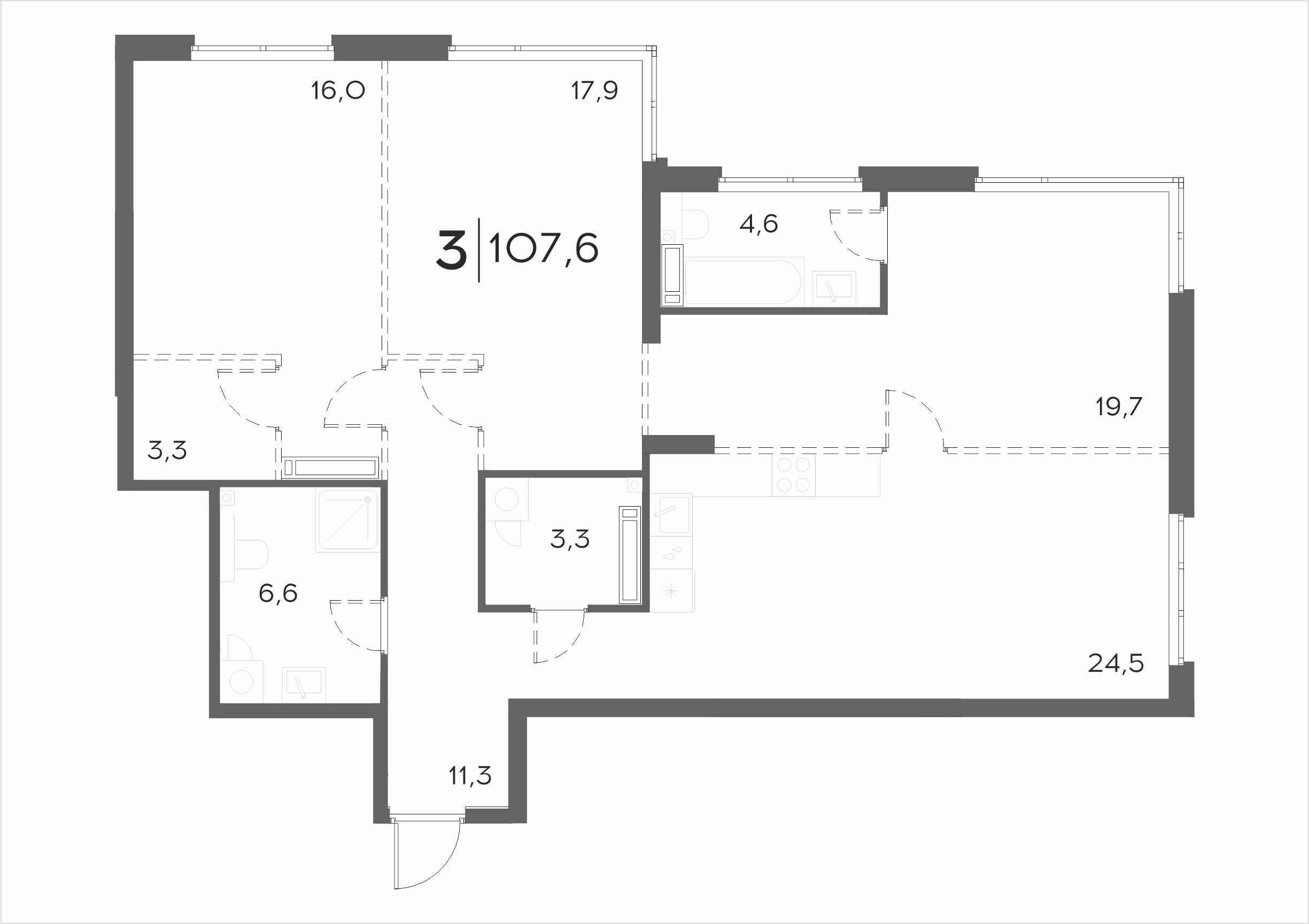 3-комнатная 107 м2 в ЖК WELLART City корпус null этаж 3