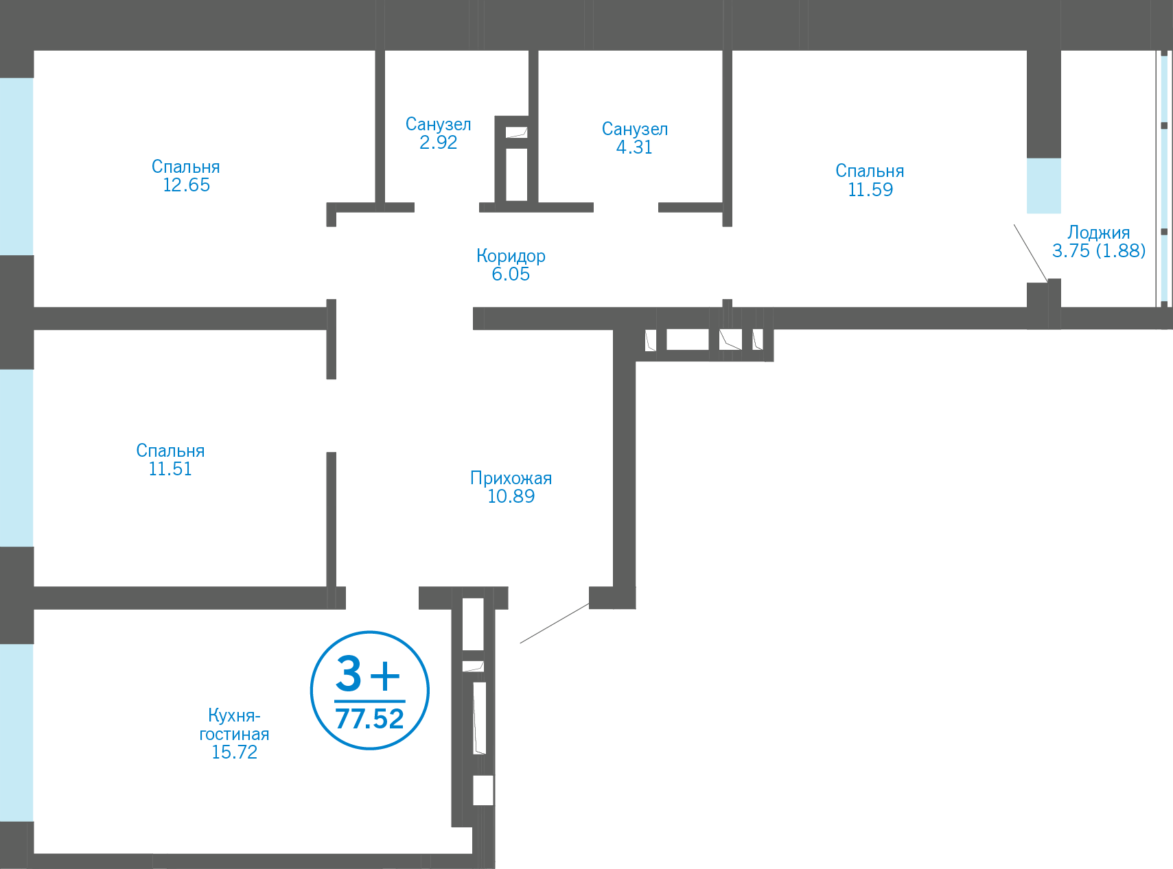 3-комнатная 75 м2 в ЖК Никольский корпус null этаж 7