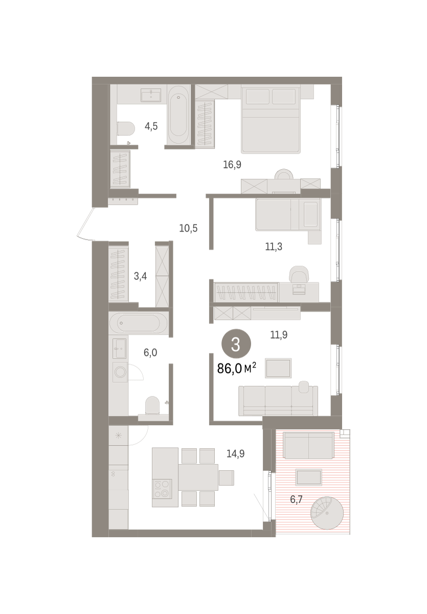 2-комнатная 85 м2 в ЖК Брусника в Новоселье корпус null этаж 9