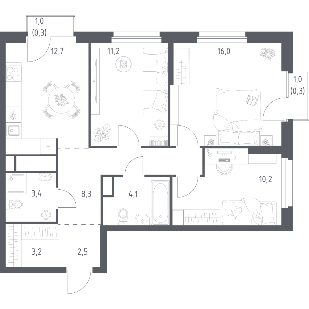 3-комнатная 72 м2 в ЖК Квартал Ауруум корпус null этаж 6