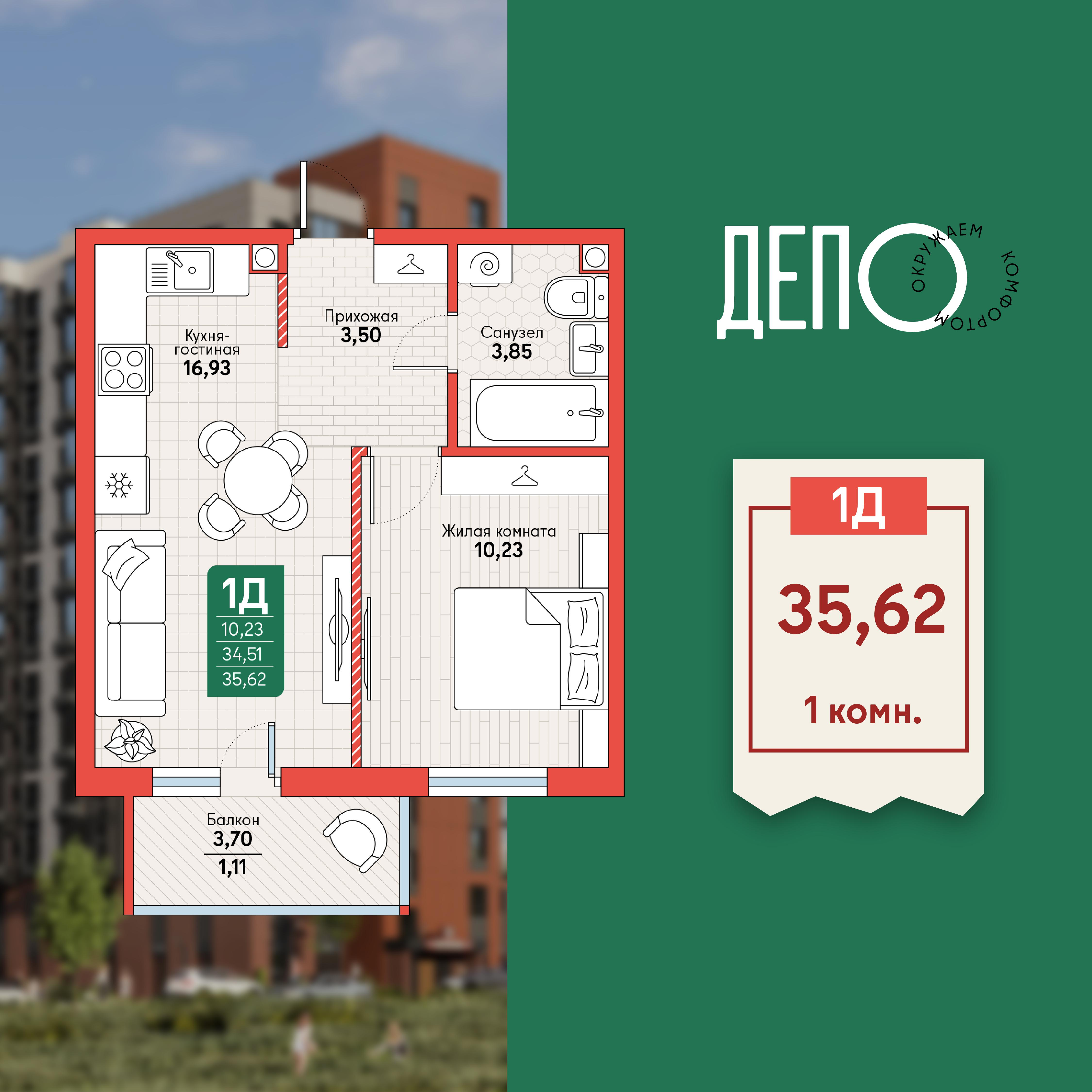 1-комнатная 35 м2 в ЖК ДЕПО корпус null этаж 8