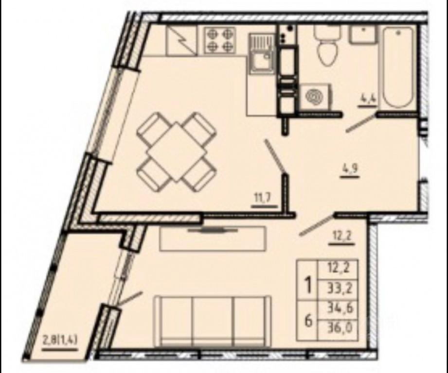 1-комнатная 33.2 м2 в ЖК undefined корпус null этаж 8