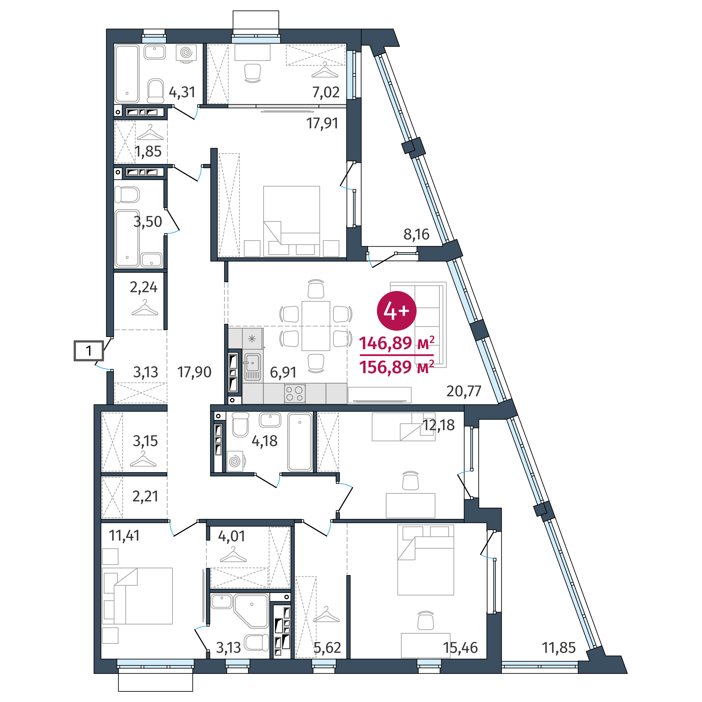 4-комнатная 146 м2 в ЖК Этика корпус null этаж 18