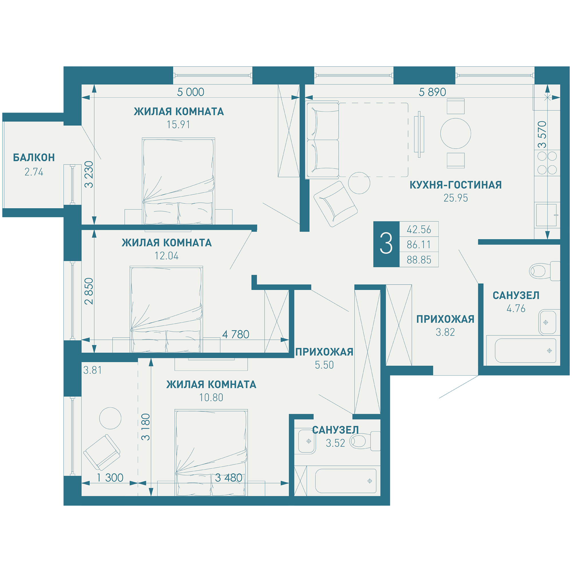 3-комнатная 91 м2 в ЖК ИНАЧЕ в Молодежном корпус null этаж 5