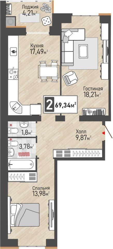 2-комнатная 67 м2 в ЖК Панорама корпус null этаж 2
