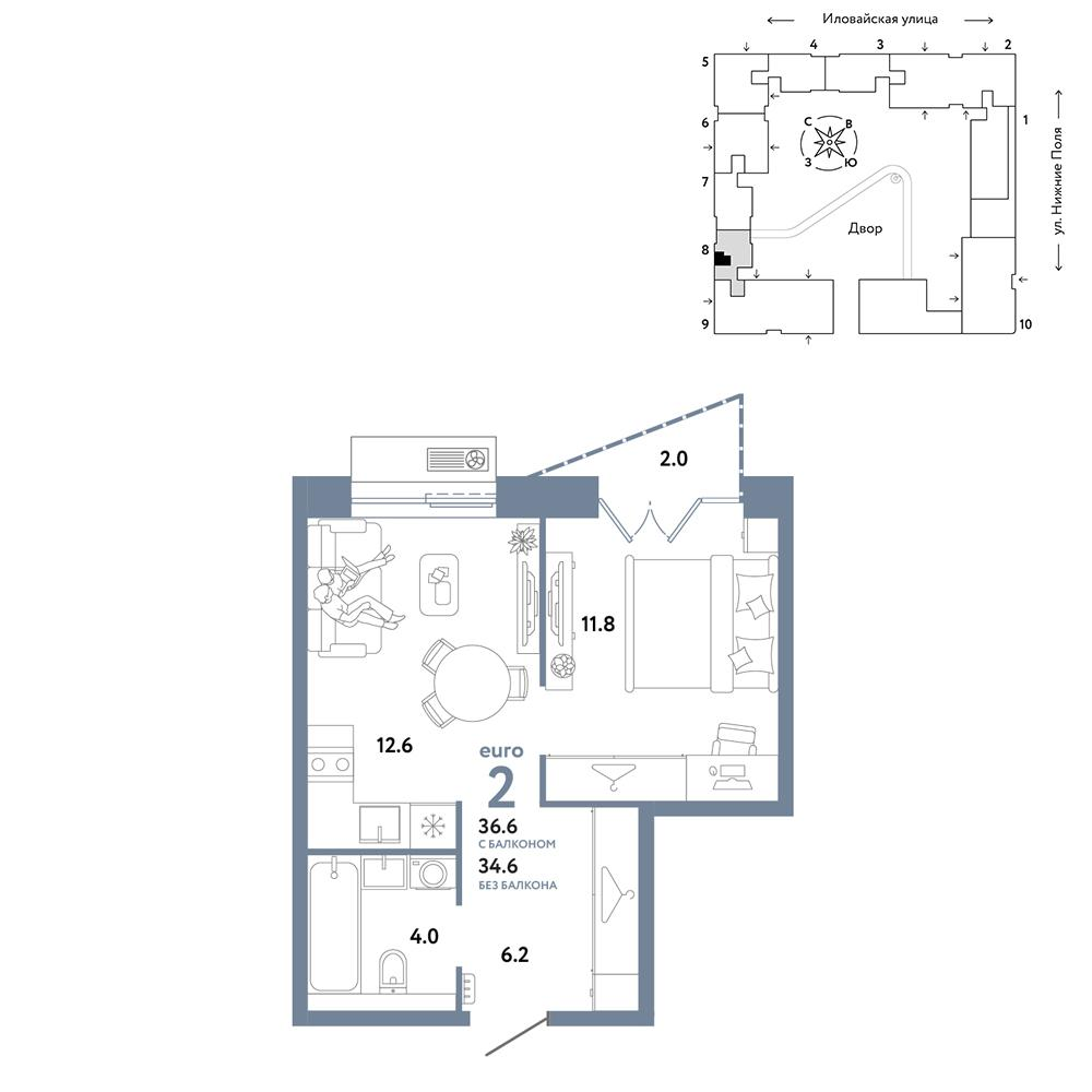 2-комнатная 36 м2 в ЖК Страна.Заречная корпус null этаж 6