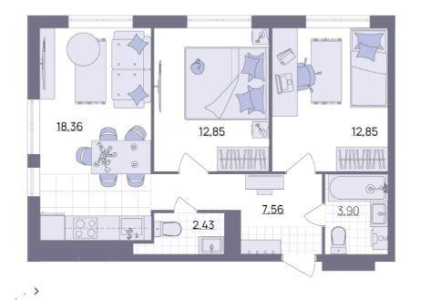 3-комнатная 58 м2 в ЖК undefined корпус null этаж 9