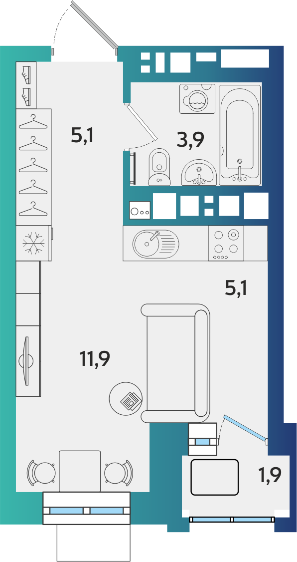 1-комнатная 26 м2 в ЖК BershaCity корпус null этаж 14