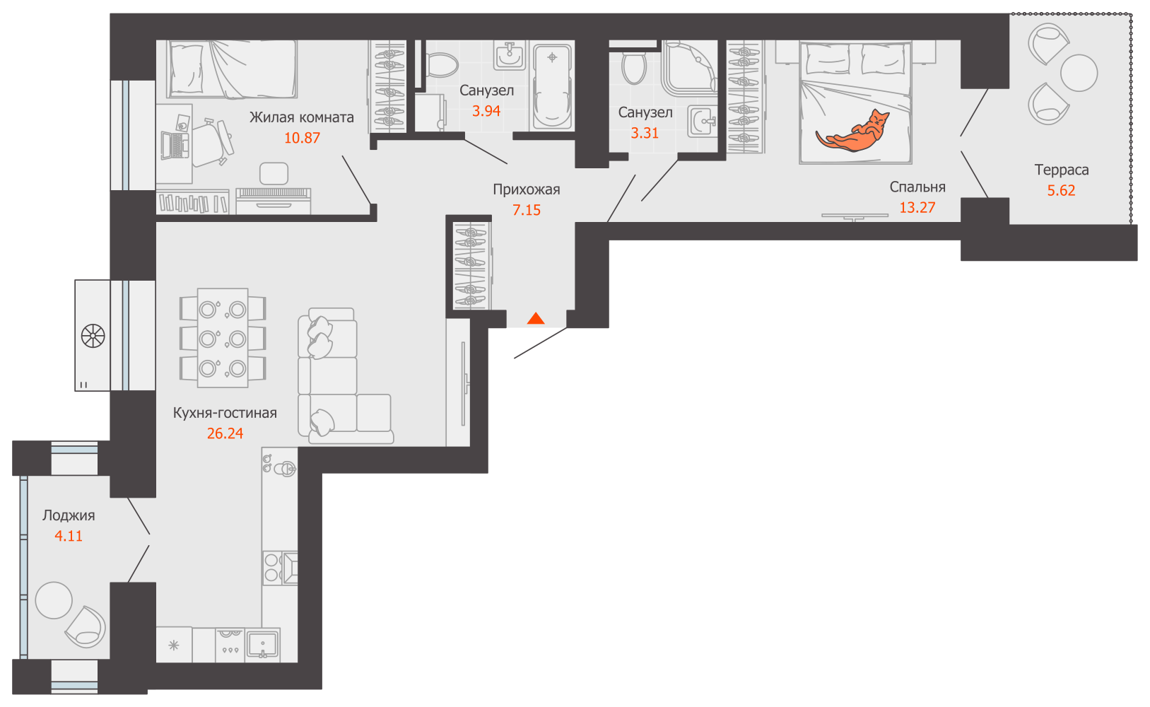 3-комнатная 69 м2 в ЖК Зарядное корпус null этаж 2