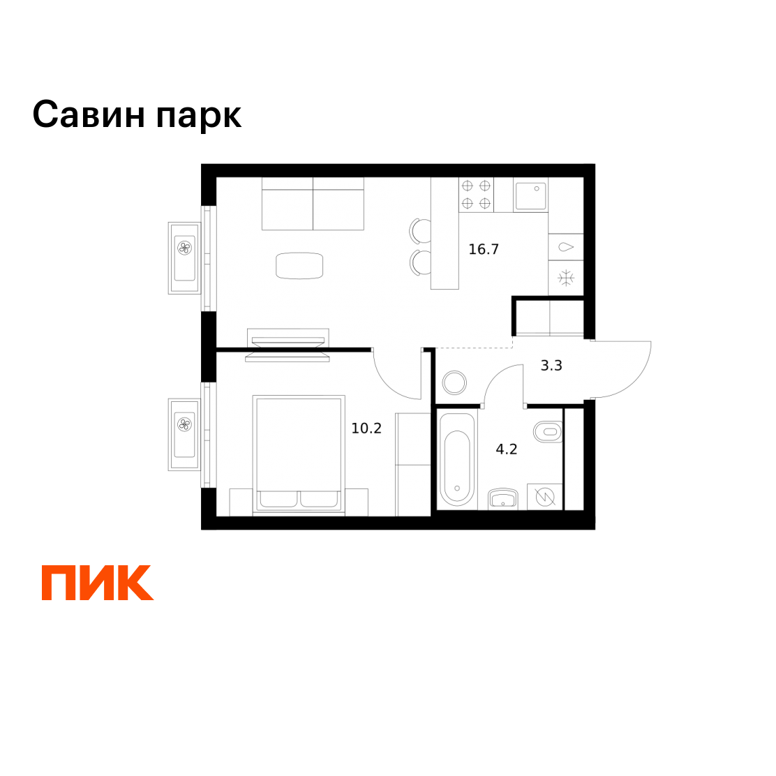 1-комнатная 34 м2 в ЖК Савин парк корпус null этаж 16