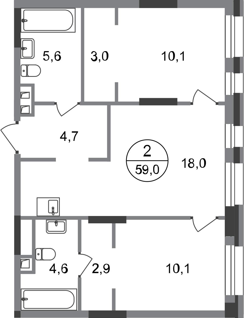 2-комнатная 59 м2 в ЖК Первый Московский корпус null этаж 2