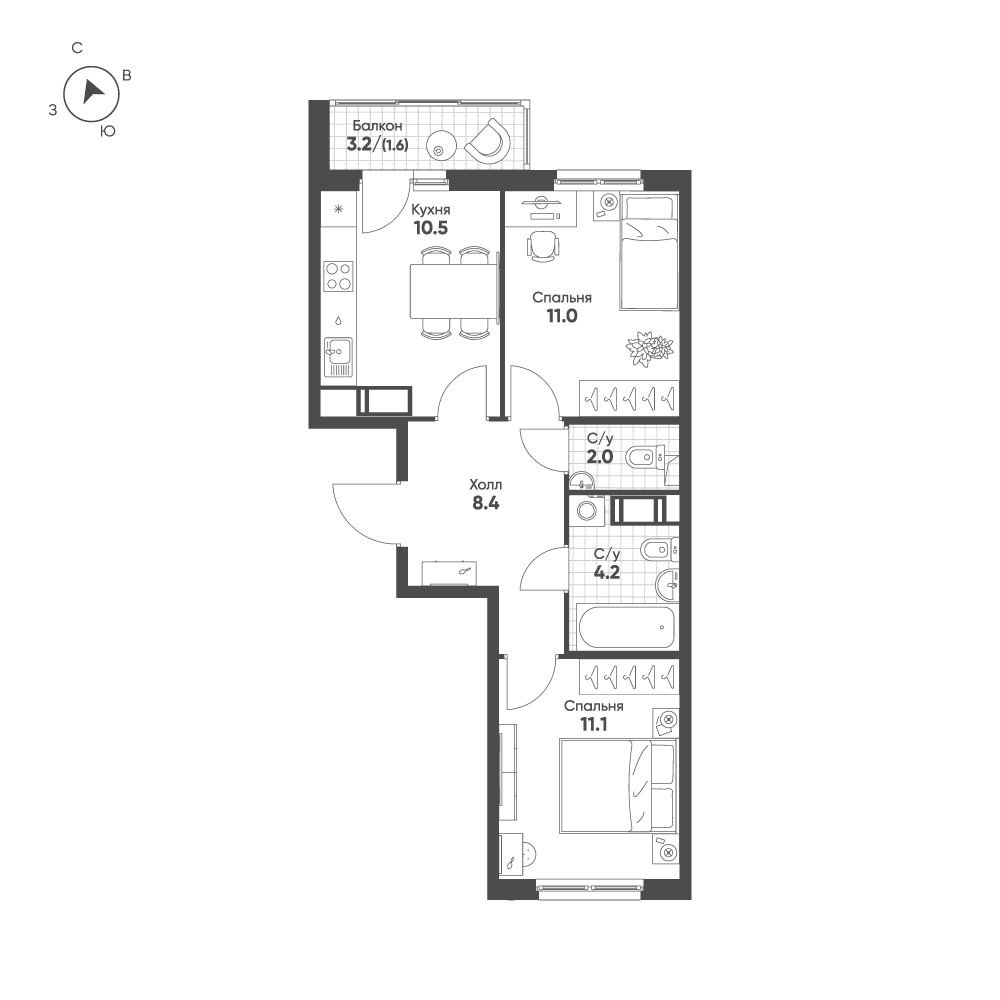 2-комнатная 48 м2 в ЖК Клюква.Парк корпус null этаж 3