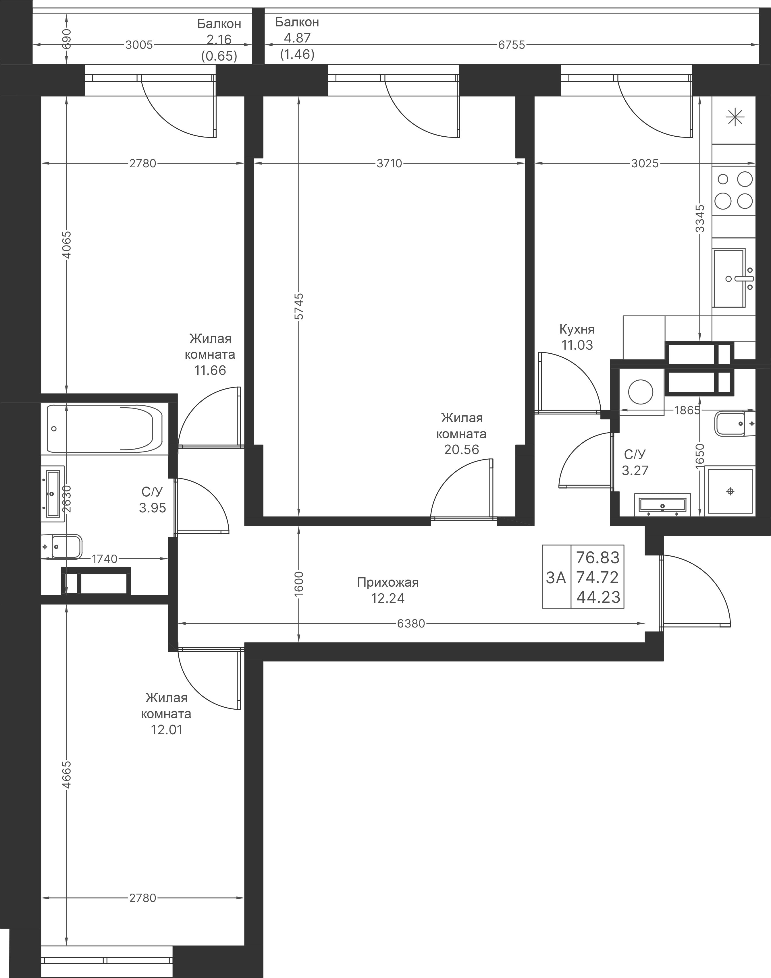 3-комнатная 76 м2 в ЖК Мой Ритм корпус null этаж 10