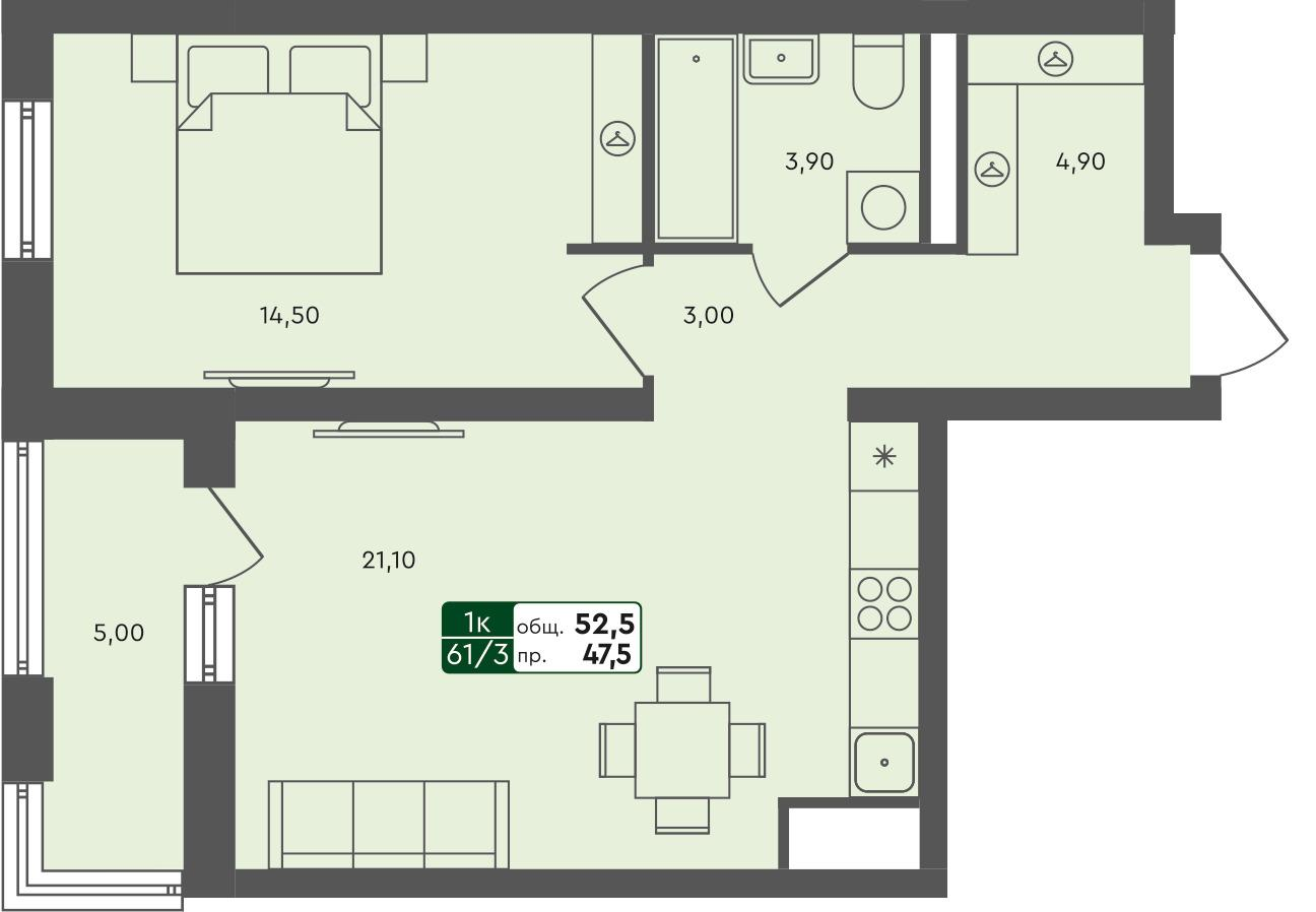 1-комнатная 52 м2 в ЖК Ритмы корпус null этаж 6