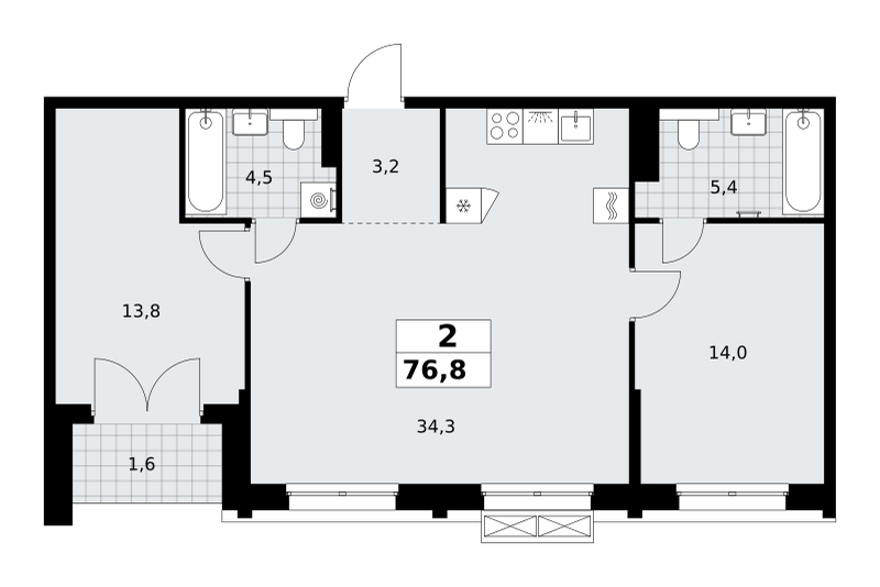 2-комнатная 76 м2 в ЖК Хольм корпус null этаж 13