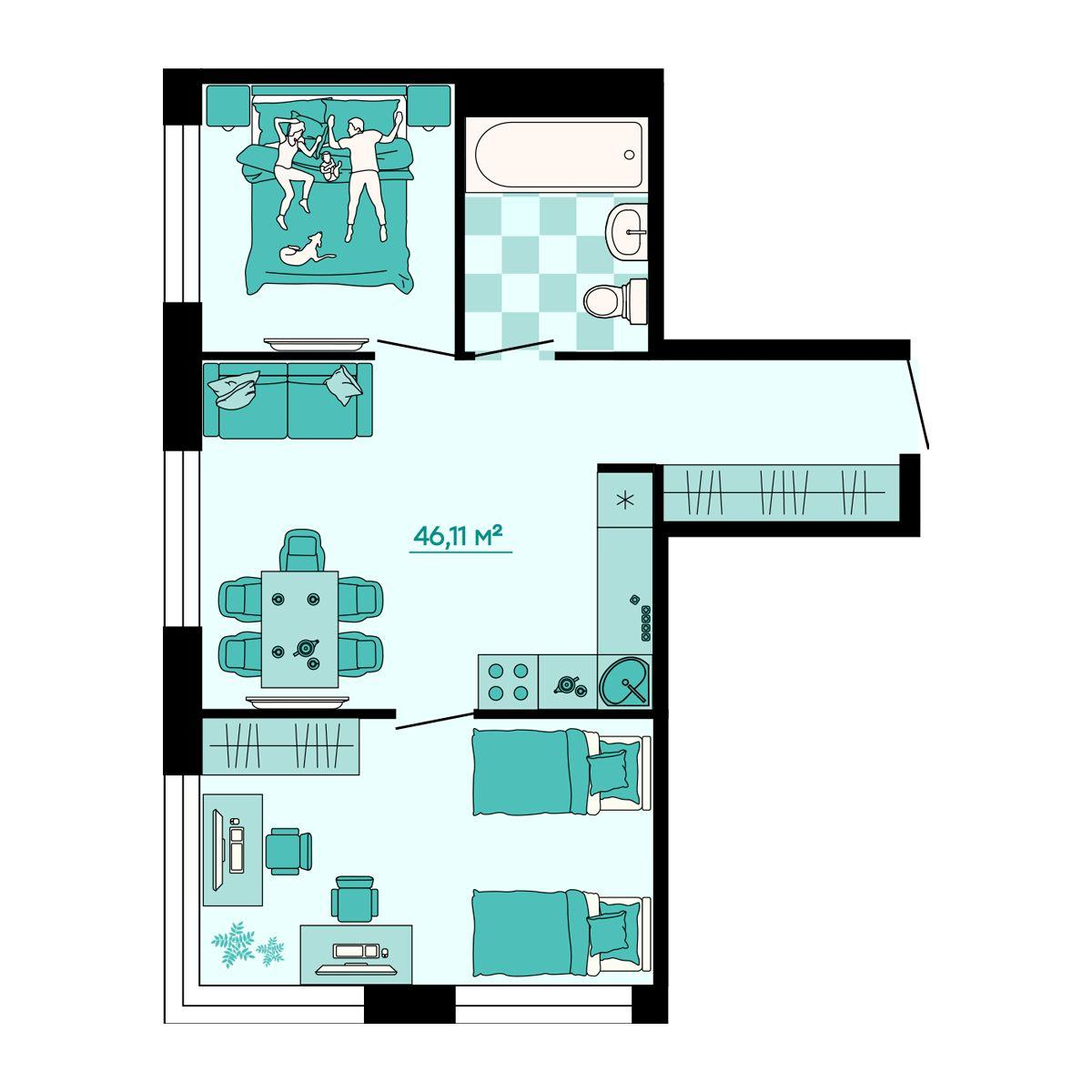 3-комнатная 46 м2 в ЖК СанСити 2 корпус null этаж 3