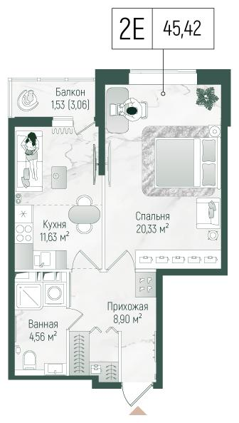1-комнатная 46 м2 в ЖК Рига Хиллс корпус null этаж 4