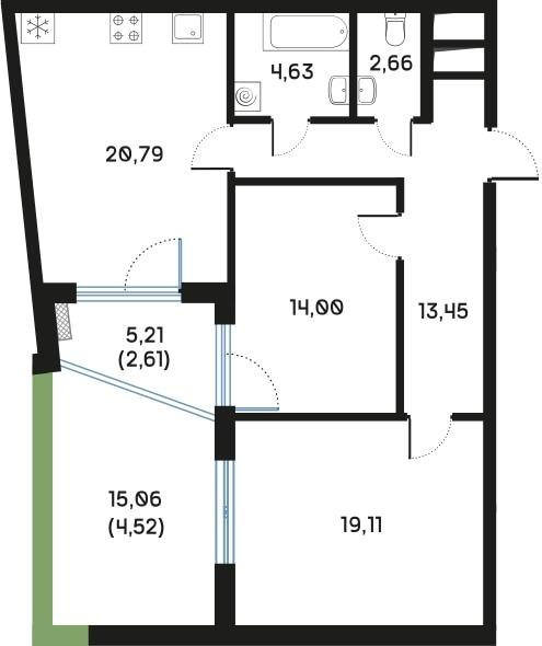 2-комнатная 81 м2 в ЖК Регенбоген корпус null этаж 2