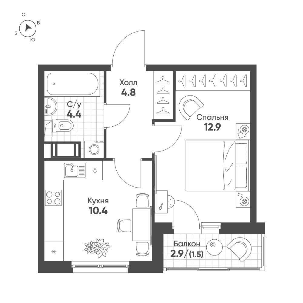1-комнатная 34 м2 в ЖК Клюква.Парк корпус null этаж 3