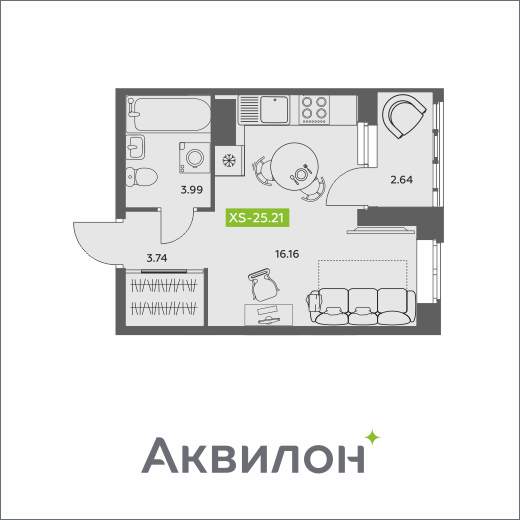 Студия 25 м2 в ЖК Аквилон АКВАРТАЛ корпус null этаж 5