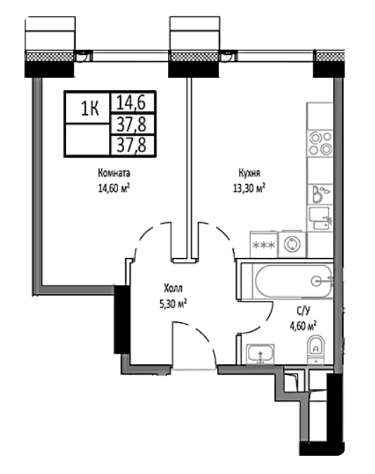 1-комнатная 37.8 м2 в ЖК undefined корпус null этаж 9