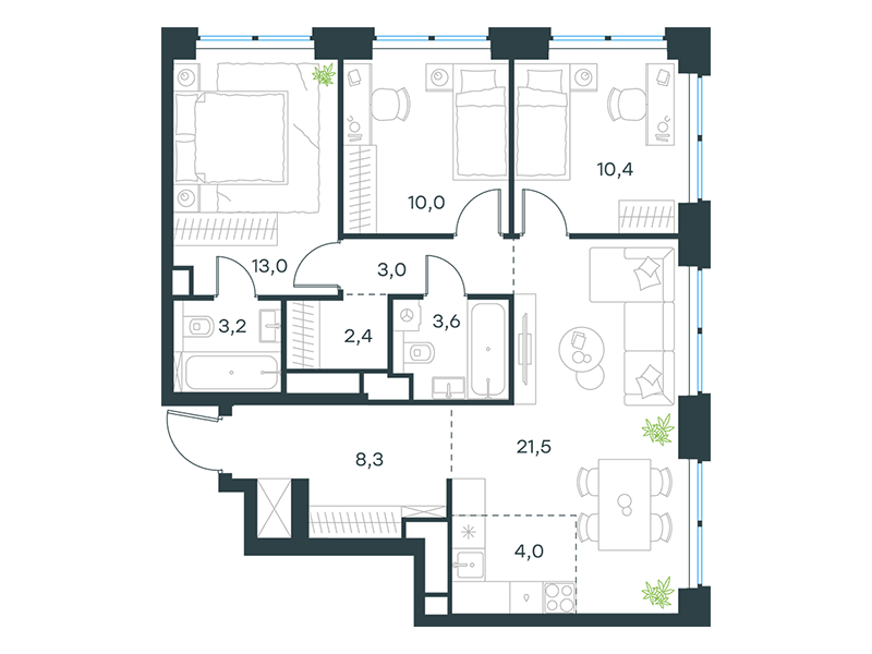 4-комнатная 79 м2 в ЖК Level Звенигородская корпус null этаж 28