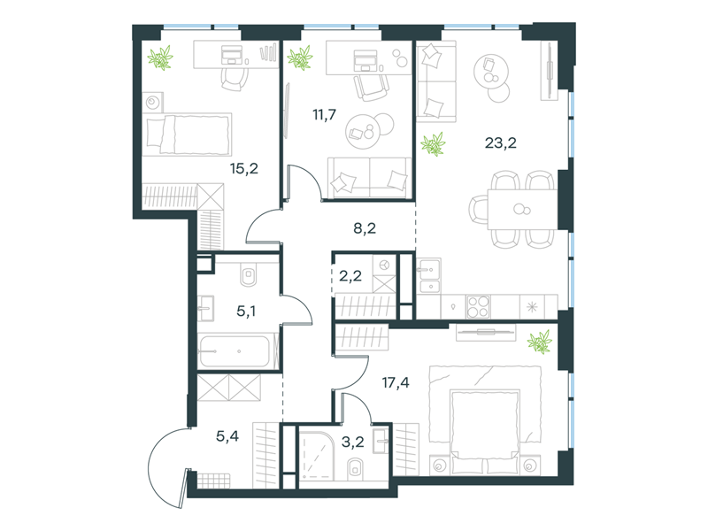 3-комнатная 91 м2 в ЖК Level Войковская корпус null этаж 14