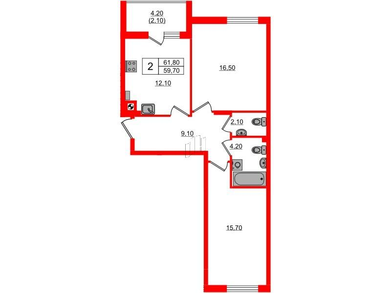 2-комнатная 61 м2 в ЖК River Park-2 корпус null этаж 2