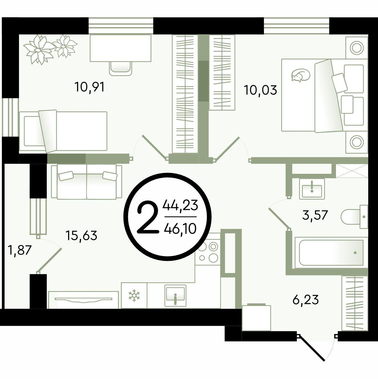 2-комнатная 46 м2 в ЖК Зеленые Аллеи корпус null этаж 4