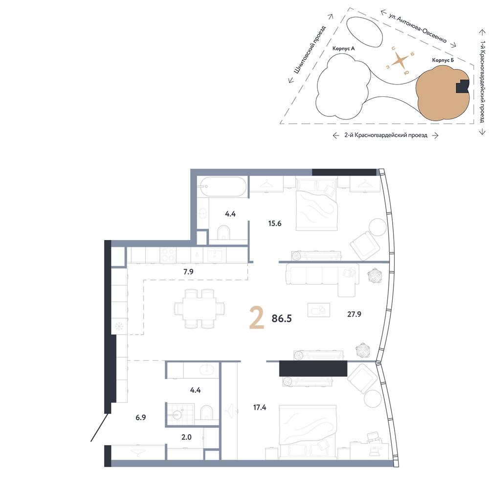 2-комнатная 86 м2 в ЖК АУРУС Резиденции корпус null этаж 38
